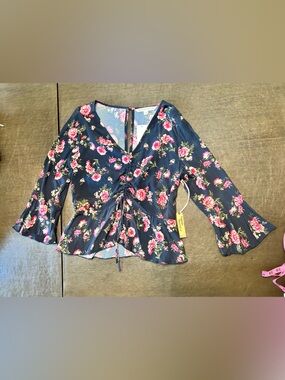hippie laundry Navy Floral Wrap Blouse with Pink Roses